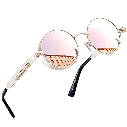 Joopin Retro Sonnenbrille Herren Rund Polarisierte Steampunk Brille Vintage Driving Sunglasses und Runde Sonennbrille Damen mit UV400-Schutz(Gold Rosa) von Joopin