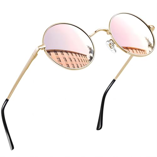 Joopin Runde Sonnenbrille Damen Polarisiert Hippie Sonnenbrille Retro Vintage Herren Sonnenbrille Rosa Verspiegelt Metallrahmen (Gold Rosa Verspiegelt) von Joopin