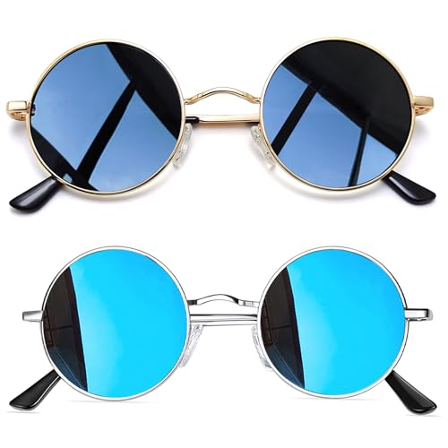 Joopin Polarisierte Runde Sonnenbrille Herren Retro Vintage Damen Sonnenbrille Blau Verspiegelt 2 Pack (Silber Blau+Gold Schwarz) von Joopin