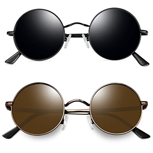 Joopin Runde Sonnenbrille Herren Polarisiert Retro Vintage Damen Sonnenbrille Braun Sonnenbrille Dunkle Schwarz 2 Pack (Voll Schwarz+Kupfer Braun) von Joopin