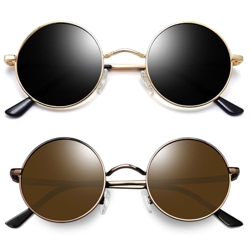 Joopin Runde Sonnenbrille Herren Braun Retro und Vintage Polarisierte Damen Sonnenbrille Schwarz Zwei Paar (Gold Schwarz+Kupfer Braun) von Joopin