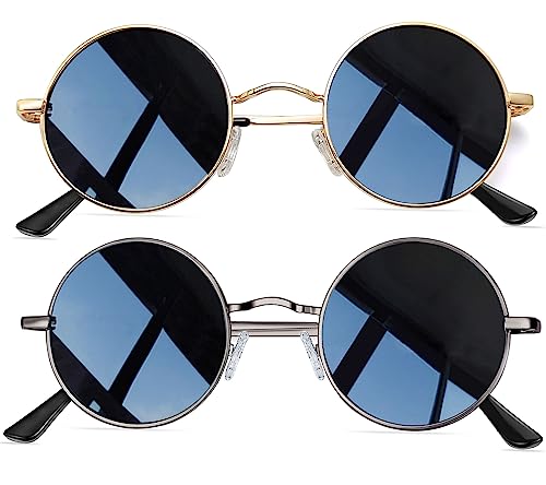 Joopin Sonnenbrille Herren Runde Zwei Paar und Polarisierte Sonnenbrille Gold Schwarz Retro Vintage Damen Sonnenbrille 2 Pack (Grau Schwarz+Gold Schwarz) von Joopin