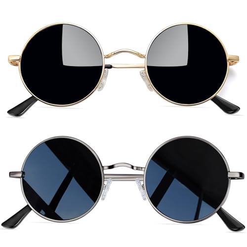 Joopin Retro Runde Sonnenbrille Herren Zwei Paar und Polarisierte Sonnenbrille Rund Schwarz Vintage 2 Pack (Grau Schwarz und Gold Schwarz) von Joopin