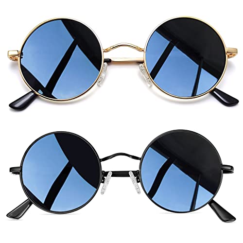 Joopin Runde Sonnenbrille Herren Polarisiert Zwei Paar Retro Sonnenbrille Rund Hippie Vintage Damen Sonnenbrille Schwarz 2 Pack (Voll Schwarz+Gold Schwarz) von Joopin