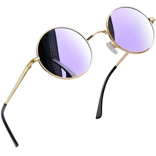 Joopin Runde Sonnenbrille Herren Polarisierte Sonnenbrille Retro Vintage Damen Sonnenbrille Lila Verspiegelt Metallrahmen (Gold Violett Verspiegelt) von Joopin