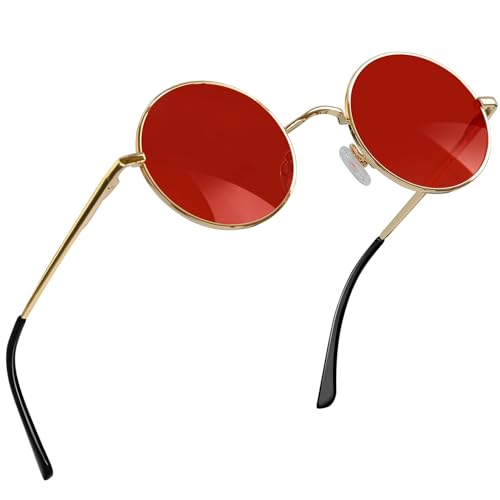 Joopin Retro 80er Sonnenbrille Damen Rund und Runde Sonnenbrille Herren Rot Vintage Steampunk Hippie Sonnenbrille für Cosplay (Gold Rot) von Joopin