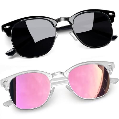 Joopin Schwarze Sonnenbrille Herren Polarisiert Halbrahmen Rosa Set und Vintage Sonnenbrille Damen Retro UV400 (Voll Schwarz und Verspiegelte Rosa) von Joopin