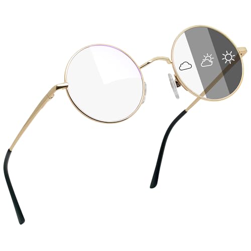 Joopin Selbsttönende Blaulichtfilter Brille Herren Runde und Blaulichtbrille Damen Computerbrille Blaufilter UV400-Schutz mit Metallrahmen (Gold-Transparent) von Joopin