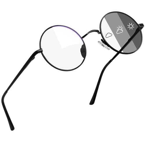 Joopin Selbsttönende Runde Blaulichtfilter Brille Damen und Blaulichtbrille Herren Computerbrille Blaufilter UV400-Schutz mit Metallrahmen (Schwarz-Transparent) von Joopin