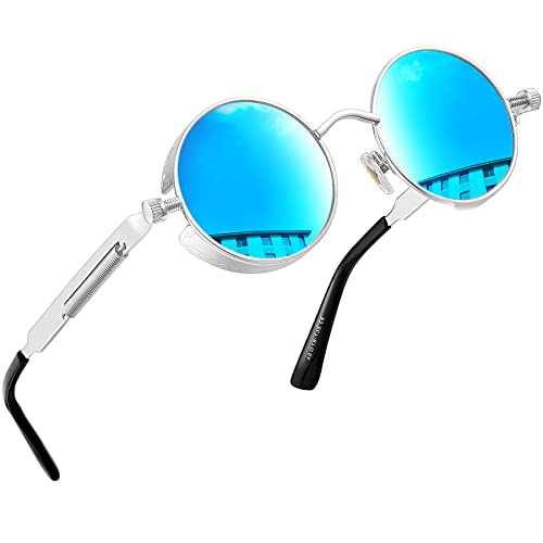 Joopin Retro Sonnenbrille Herren Damen Polarisiert Runde Sonnenbrille Verspiegelt Blau und Vintage Steampunk Brille Sunglasses Unisex mit UV400-Schutz(Silber Blau Verspiegelt) von Joopin