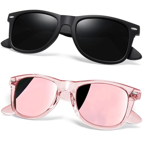 Joopin Zwei Paar Sonnenbrille Herren Polarisiert Schwarz UV400 Unisex Spiegel Retro Rechteckig Vintage Sonnenbrille Rosa für Fahren und Tourismus (Schwarz und Verspiegelt Rosa) von Joopin