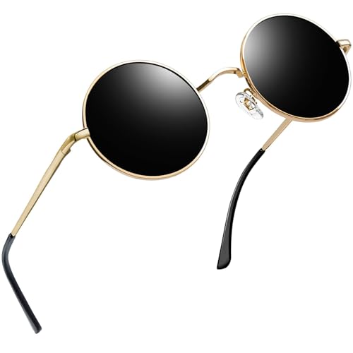 Joopin Retro Sonnenbrille Herren Rund Schwarz Polarisierte Runde Sonnenbrille Damen Vintage Steampunk Hippie Sonnenbrille Metallrahmen (Gold Schwarz) von Joopin