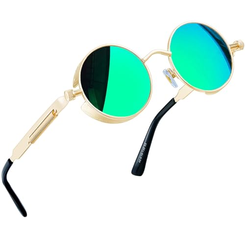 Joopin Retro Sonnenbrille Herren Damen Polarisiert Runde Sonnenbrille Verspiegelt Grün und Vintage Steampunk Brille Sunglasses Unisex mit UV400-Schutz(Gold Grün Verspiegelt) von Joopin