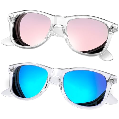 Joopin Zwei Paar Sonnenbrille Herren Verspiegelte Blau Polarisiert UV400 Unisex Spiegel Rechteckig Retro Damen Sonnenbrille Rosa für Fahren und Tourismus (Transparet Rosa und Blau) von Joopin