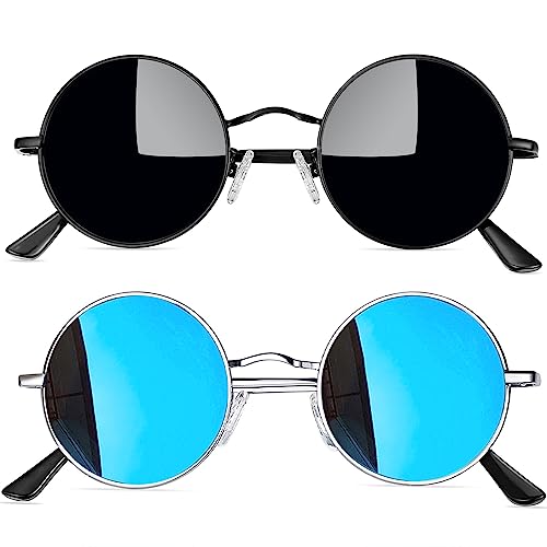 Joopin Sonnenbrille Rund Herren Schwarz und Polarisierte Sonnenbrille Damen Retro Sonnenbrille Herren Blau Verspiegelt UV400 2 Pack (Silber Blau+Voll Schwarz) von Joopin