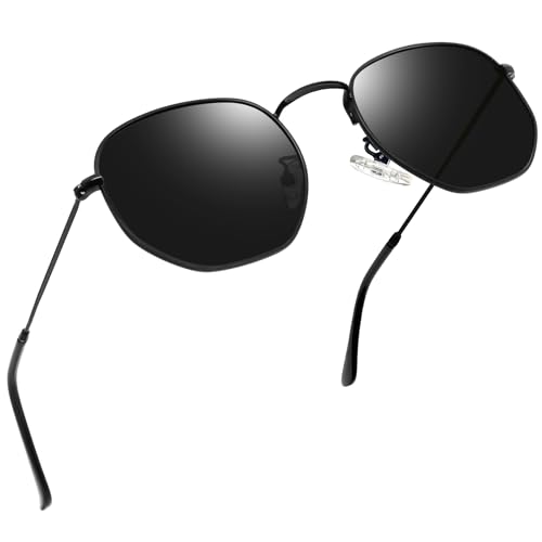 Joopin Stylische Polygon Sonnenbrille Damen Runde Schwarz und Hexagonal Polarisierte Sonnenbrille Herren Rund Hippie Sechseckige Ultraleichter Metallrahmen UV400-Schutz (Schwarz) von Joopin