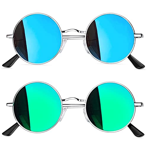 Joopin Verspiegelte Sonnenbrille Runde Herren Polarisiert Retro Vintage Damen Sonnenbrille Grün Blau Verspiegelt 2 Pack (Silber Grün+Silber Blau) von Joopin