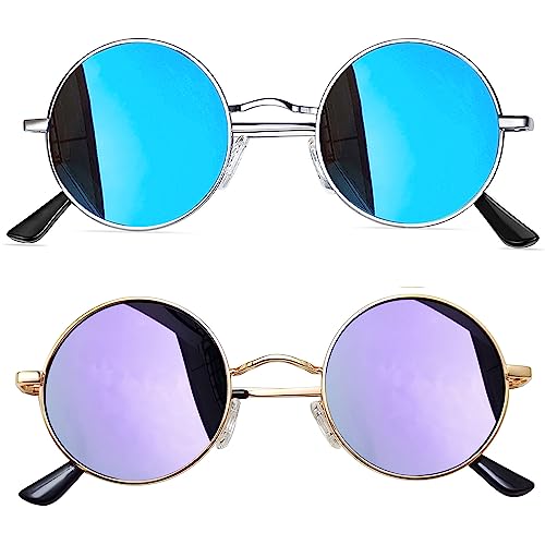 Joopin Verspiegelte Runde Sonnenbrille Herren Polarisiert Violett Lila Retro Vintage Hippie Steampunk Sonnenbrille Blau Gläser - zwei Sonnenbrillen (Silber Blau+Gold Violett) von Joopin