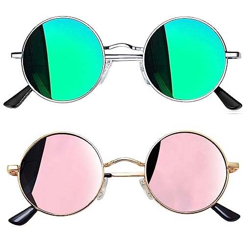 Joopin Verspiegelte Runde Sonnenbrille Herren Grün Gläser Polarisiert Retro Vintage Sonnenbrille Damen Rosa - zwei Sonnenbrillen (Silber Grün+Gold Rosa) von Joopin