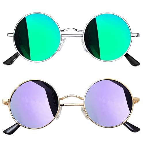 Joopin Verspiegelte Runde Sonnenbrille Herren Polarisiert Violett Retro Vintage Sonnenbrille Grün - zwei Sonnenbrillen (Silber Grün+Gold Violett) von Joopin