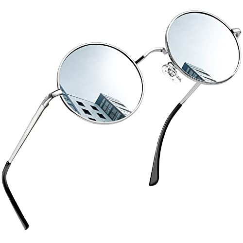 Joopin Verspiegelte Runde Sonnenbrille Herren Polarisierte und Silber Sonnenbrille Damen Vintage Sonnenbrille Hippie Steampunk (Silber Verspiegelt) von Joopin