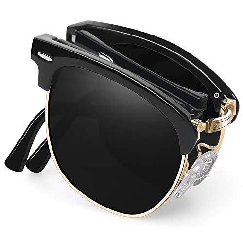 Joopin Vintage Faltbare Sonnenbrille Herren Schwarz Polarisiert Halbrahmen Retro UV400 Sonnenbrille Damen (Glänzend Schwarz Faltbare) von Joopin