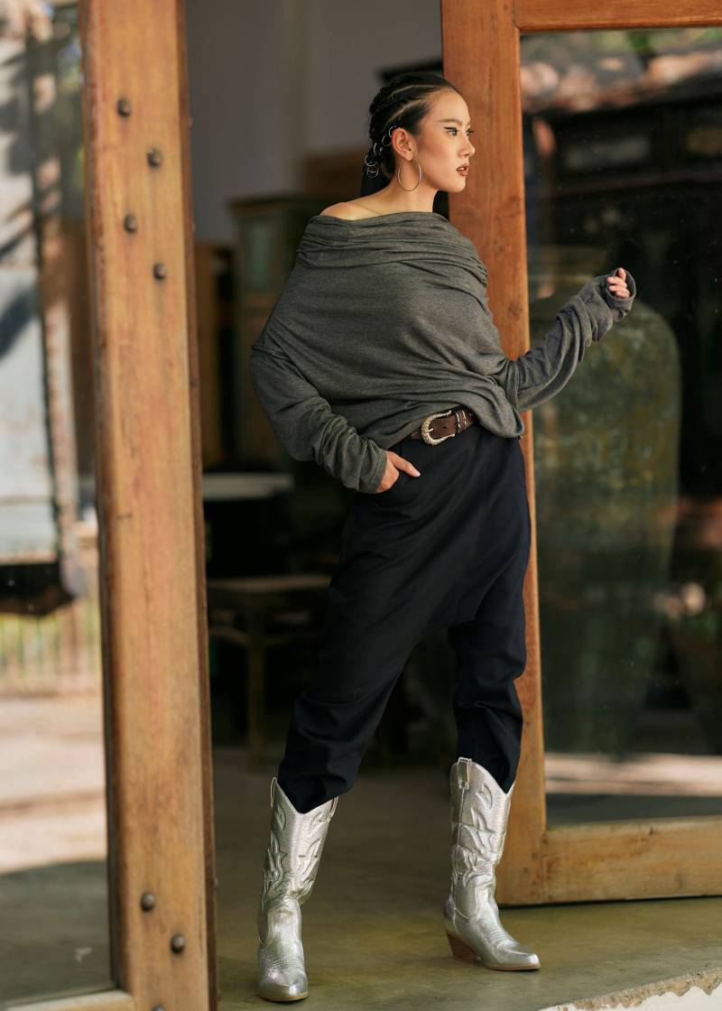 No.101 Damen Langarm Cowl Neck Top, Lockeres Lässiges T-Shirt in Grau Meliert von JoozieCotton