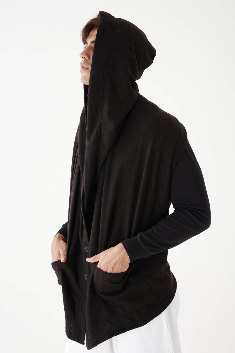 No.128 Herren Kapuzenweste, Tasten Vorne Schal, Kapuze, Wandelbarer Kapuzenschal Mit Taschen in Schwarz von JoozieCotton