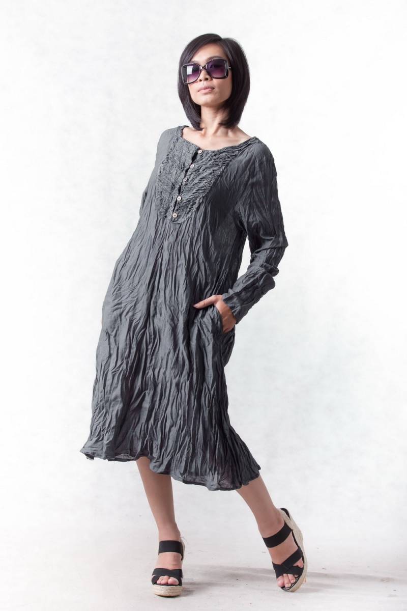 No.133 Damen Latzhose Langarm Tunika Kleid, Lässiges Sommerkleid, Bläulich Graues Sommerkleid von JoozieCotton