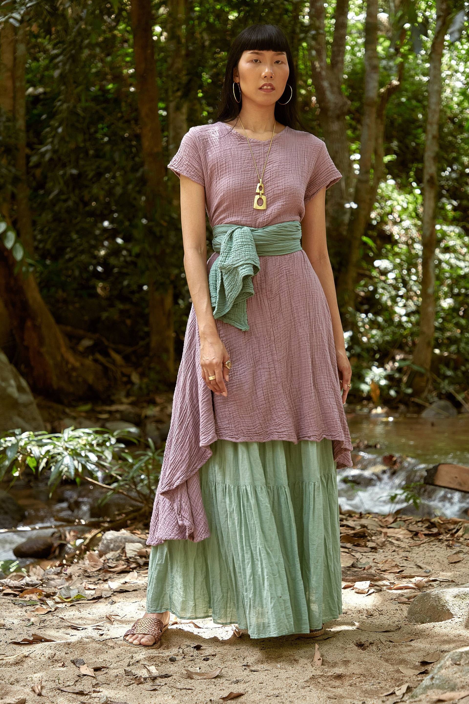 No.157 Frauen U-Boot-Ausschnitt Mit Kurzen Ärmeln High Low Kleid, 100% Naturfaser Flexibles Baumwollkleid von JoozieCotton