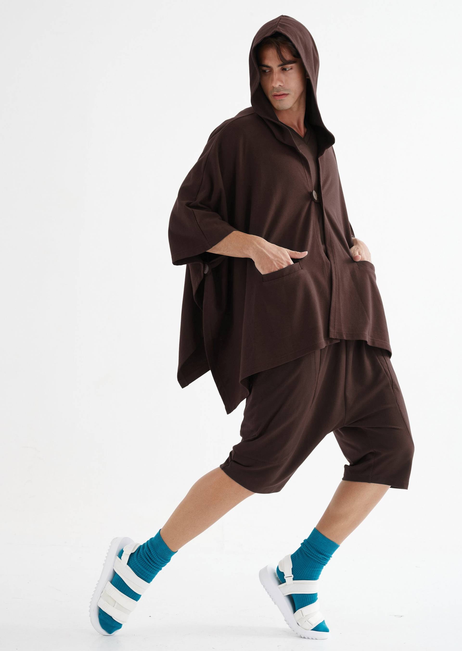 No.163 Herren Knopfleiste Mit Kapuze Poncho, Bequemes Vielseitiges Cape in Braun von JoozieCotton