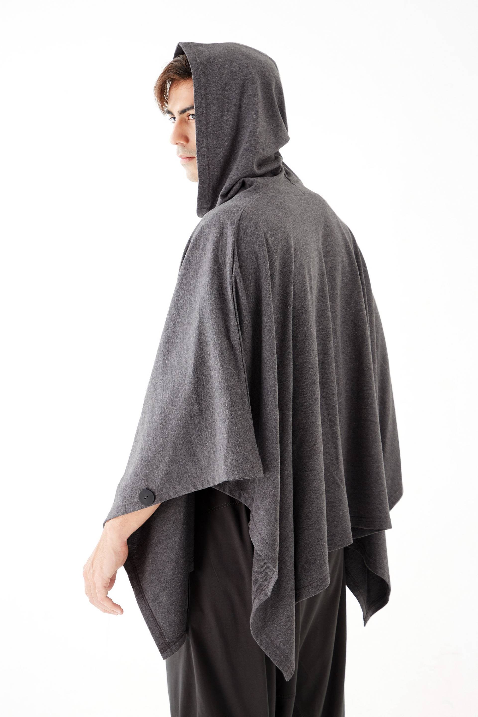 No.163 Herren Knopfleiste Mit Kapuze Poncho, Bequemes Vielseitiges Cape in Grau Meliert von JoozieCotton