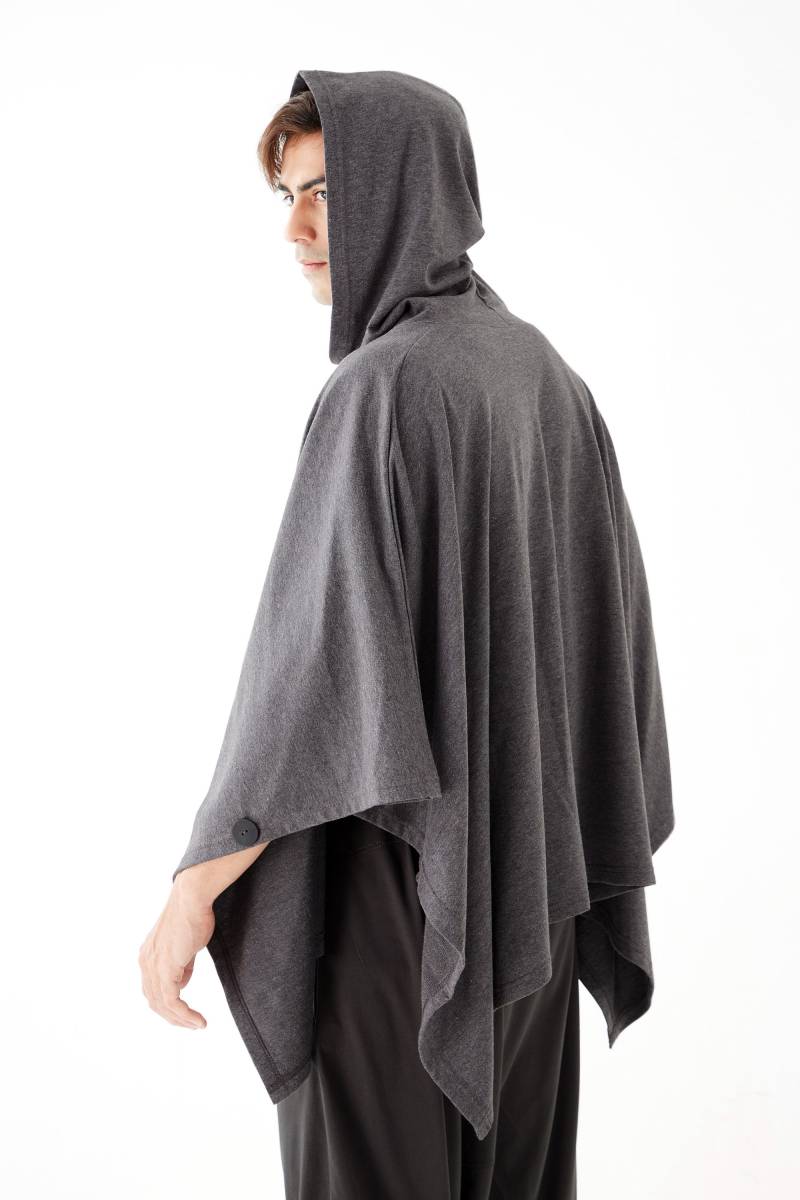 No.163 Herren Knopfleiste Mit Kapuze Poncho, Bequemes Vielseitiges Cape in Grau Meliert von JoozieCotton
