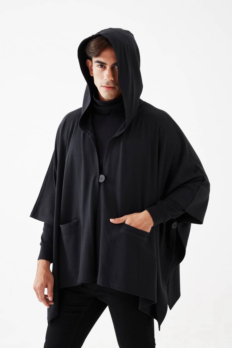No.163 Herren Knopfleiste Mit Kapuze Poncho, Bequemes Vielseitiges Cape in Schwarz von JoozieCotton