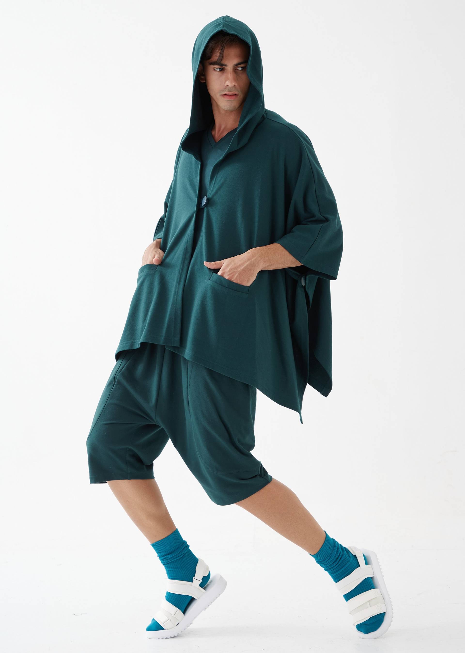 No.163 Herren Knopfleiste Mit Kapuze Poncho, Bequemes Vielseitiges Cape in Teal von JoozieCotton