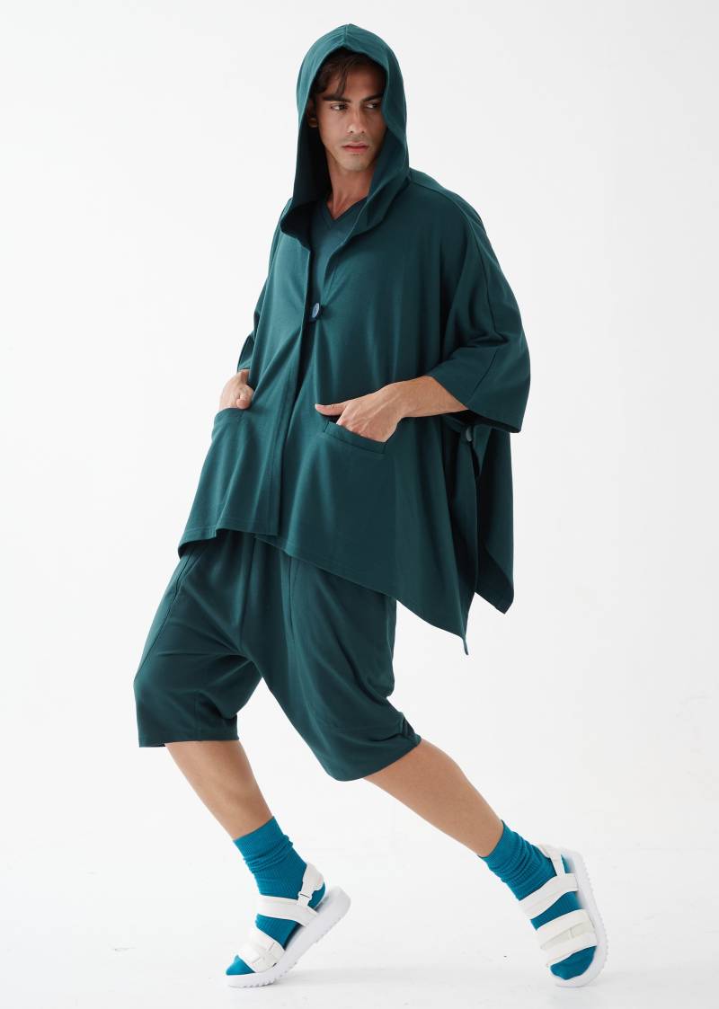 No.163 Herren Knopfleiste Mit Kapuze Poncho, Bequemes Vielseitiges Cape in Teal von JoozieCotton