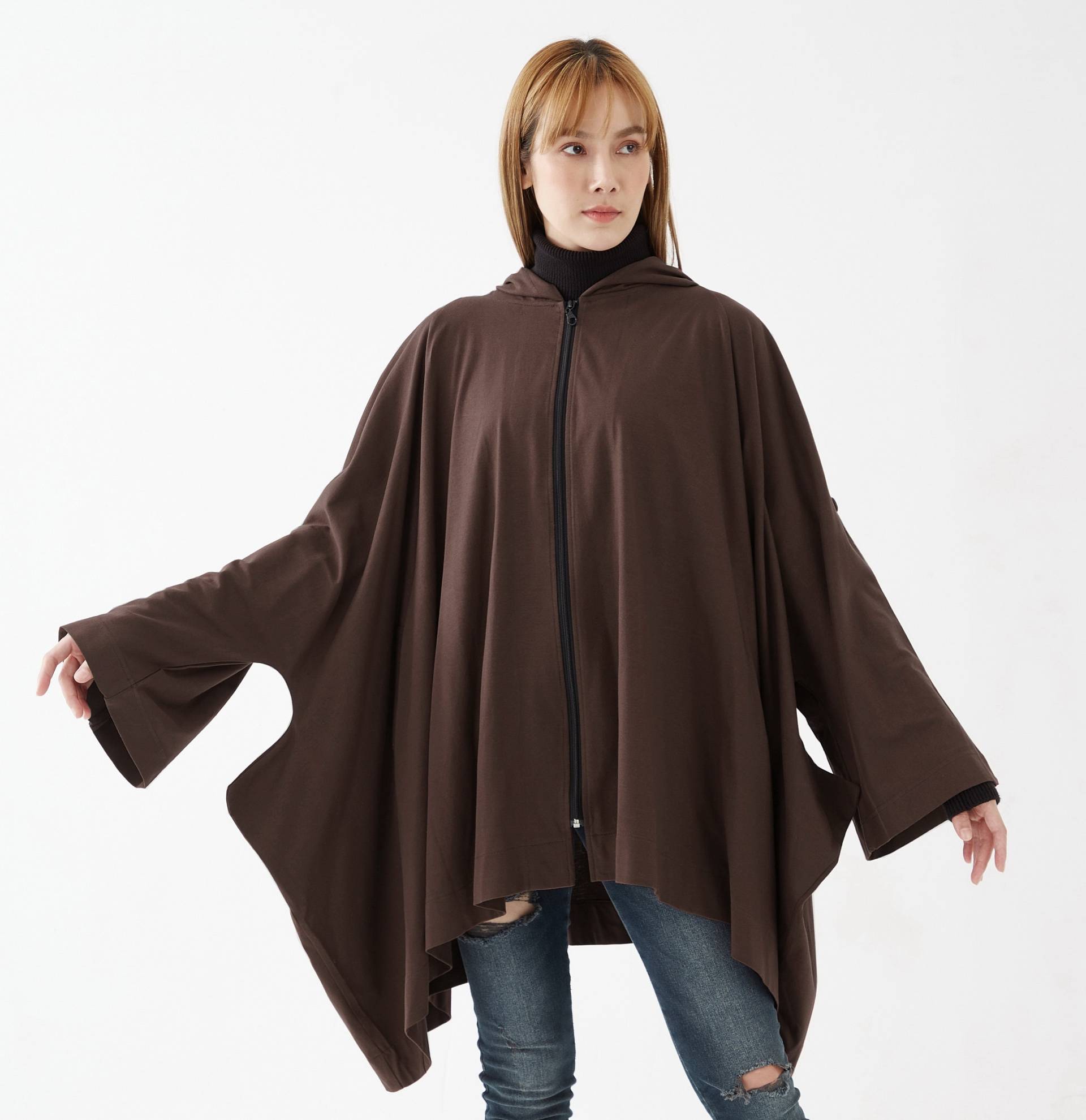 No.179 Damen Langarm Voll-Zip Oversized Hoodie Jacke, Jacke Mit Kapuze, Unisex Kapuzenjacke in Braun von JoozieCotton