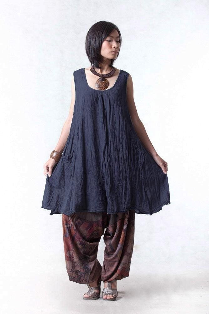 No.19 Ärmelloses Gefaltetes Front-A-Linien-Tunika-Oberteil Für Frauen, Naturfaser-Flexible Baumwolle Beiläufiges Lockeres Tunika-Kleid in Blau von JoozieCotton