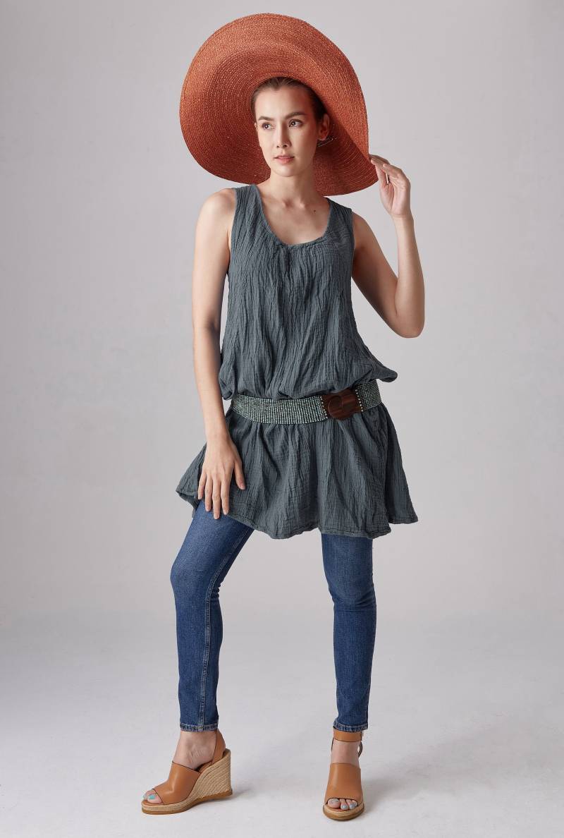 No.19 Ärmelloses Gefaltetes Front-A-Linien-Tunika-Oberteil Für Frauen, Naturfaser-Flexible Baumwolle Beiläufiges Lockeres Tunika-Kleid in von JoozieCotton