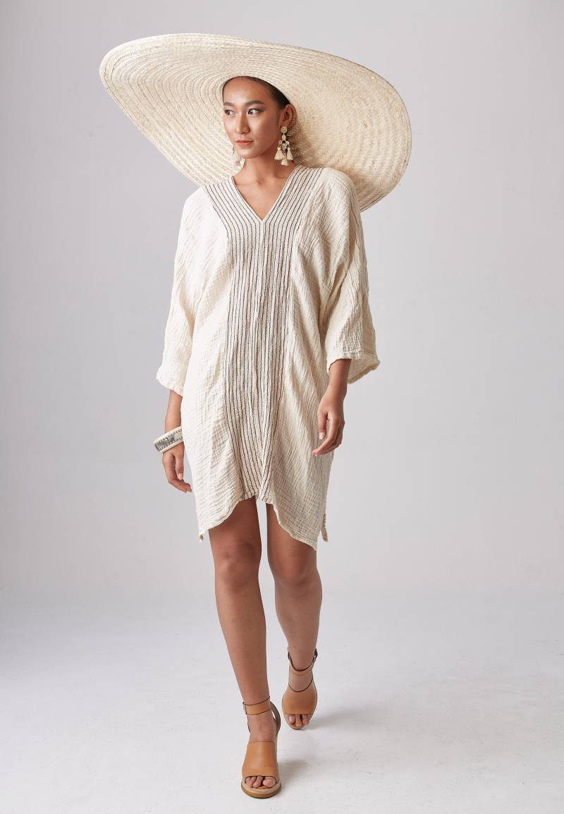 No.238 Kaftan Für Frauen Mit Dreiviertelärmeln, Vertikal Gestreiftem Detail, V-Ausschnitt, Cover Up Kaftan, Naturfaser-Flexibles Baumwollkleid in von JoozieCotton