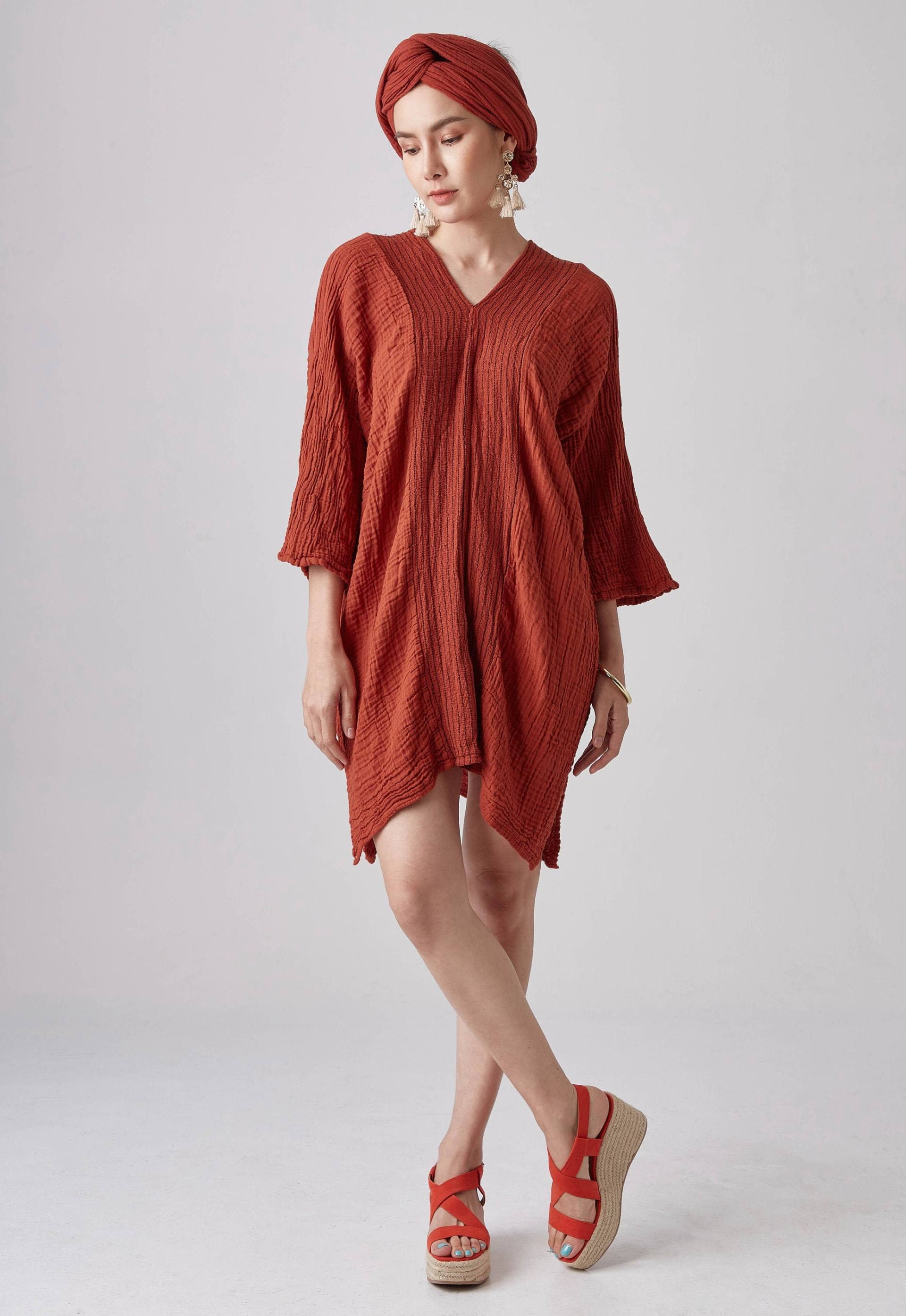 No.238 Kaftan Für Frauen Mit Dreiviertelärmeln, Vertikal Gestreiftem Detail Und V-Ausschnitt, Cover Up Kaftan, Naturfaser-Flexibles Baumwollkleid von JoozieCotton