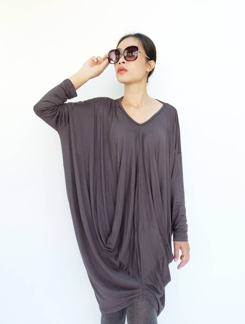 No.259 Damen Langarm Drape Front Kleid, Lockeres Freizeitkleid in Grau von JoozieCotton