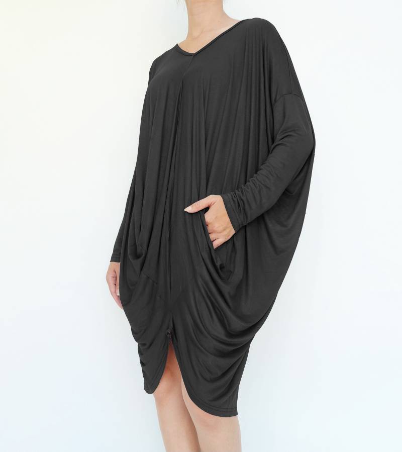 No.259 Damen Langarm Drape Front Kleid, Lockeres Freizeitkleid in Schwarz von JoozieCotton