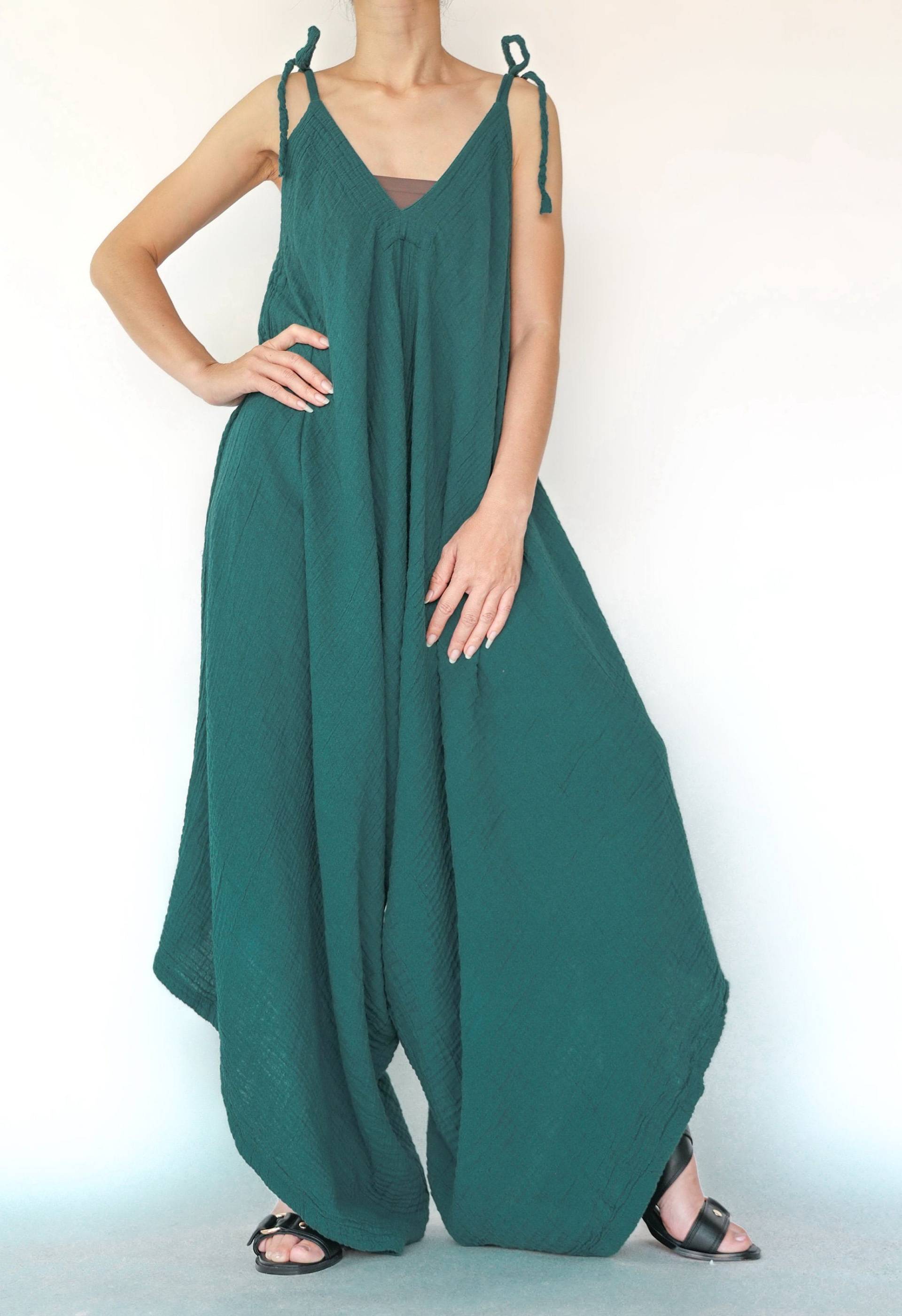 No.275 Damen Lagenlook Strampler Mit Weitem Bein, Lässiger Harem Overall, Aus Naturfaser Flexibler Baumwolle in Teal Grün von JoozieCotton