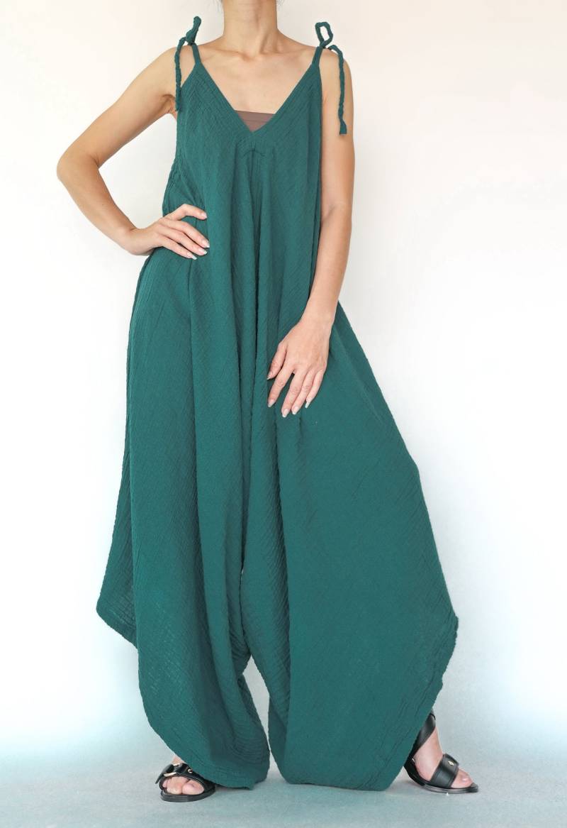 No.275 Damen Lagenlook Strampler Mit Weitem Bein, Lässiger Harem Overall, Aus Naturfaser Flexibler Baumwolle in Teal Grün von JoozieCotton