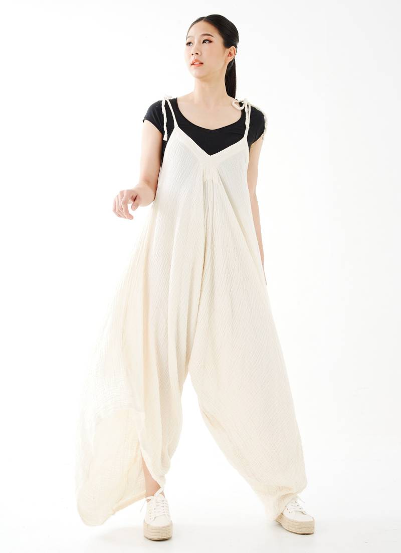 No.275 Damen Lagenlook Strampler Mit Weitem Bein, Lässiger Harem Overall, Sommer Strand Playsuit in Creme von JoozieCotton