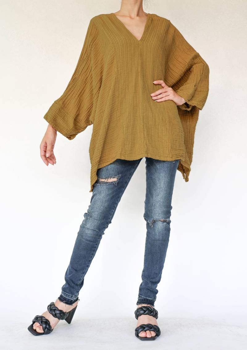 No.276 Damen Kaftan Top Mit V-Ausschnitt, Lockeres Lässiges Sommer Top, Naturfaser Flexible Baumwolle Beachwear in Senfgelb von JoozieCotton