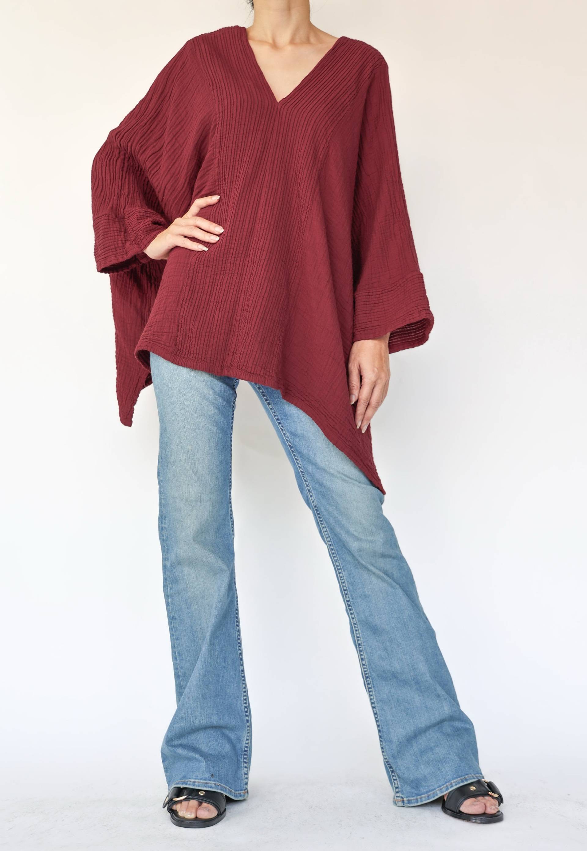 No.276 Frauen Kaftan Top Mit V-Ausschnitt, Lockeres Lässiges Sommer Top, Naturfaser Flexible Baumwolle Bademode in Rot von JoozieCotton