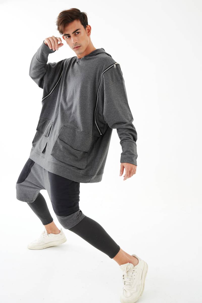 No.277 Übergroßer Herren-Hoodie-Pullover, Reißverschluss-Detail-Pullover, Lässige Aktive Jacke, Unisex-Pullover, Unisex-Sweatshirt in Grau Meliert von JoozieCotton