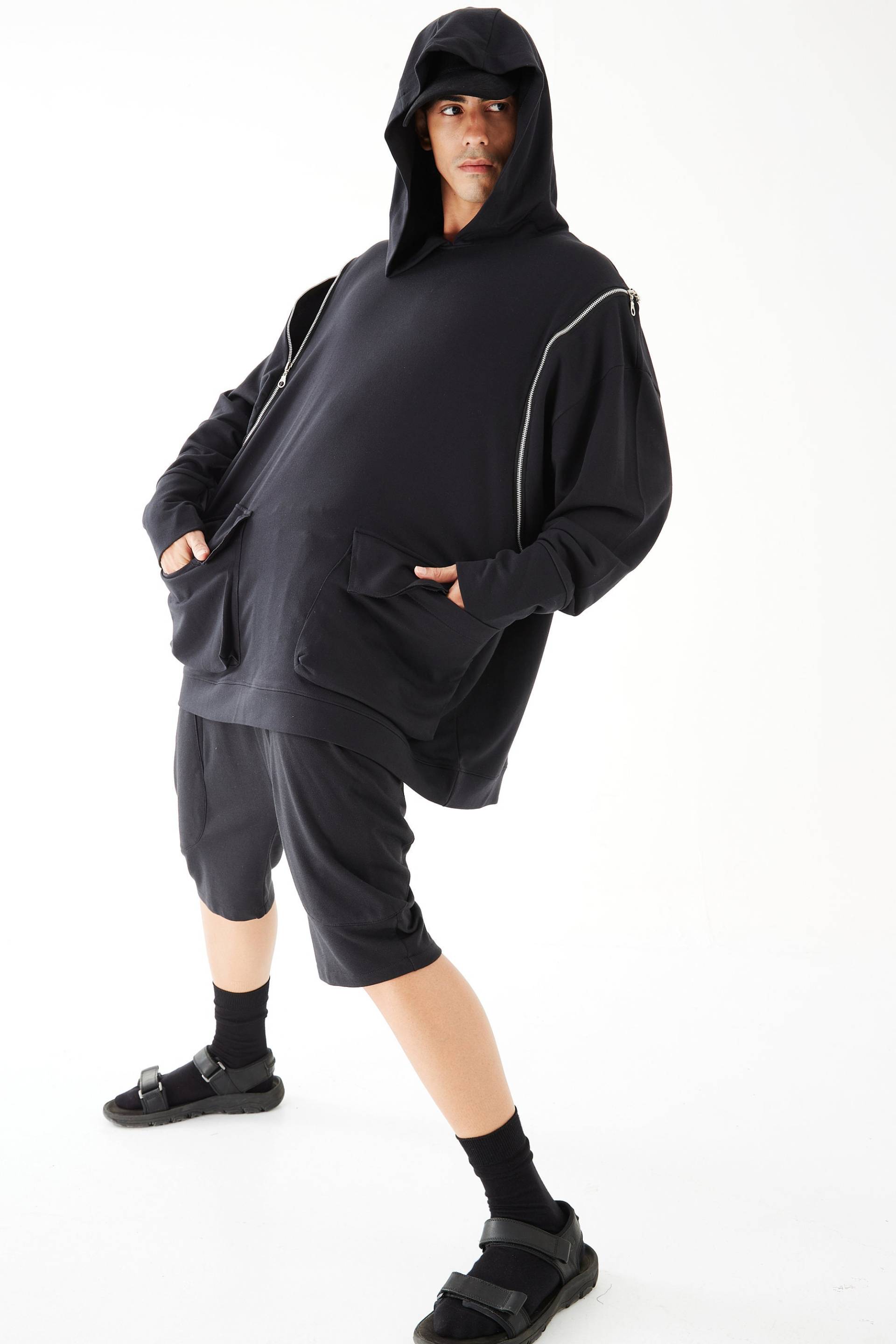 No.277 Übergroßer Herren-Hoodie-Pullover, Reißverschluss-Detail-Pullover, Lässige Aktive Jacke, Unisex-Pullover, Unisex-Sweatshirt in Schwarz von JoozieCotton